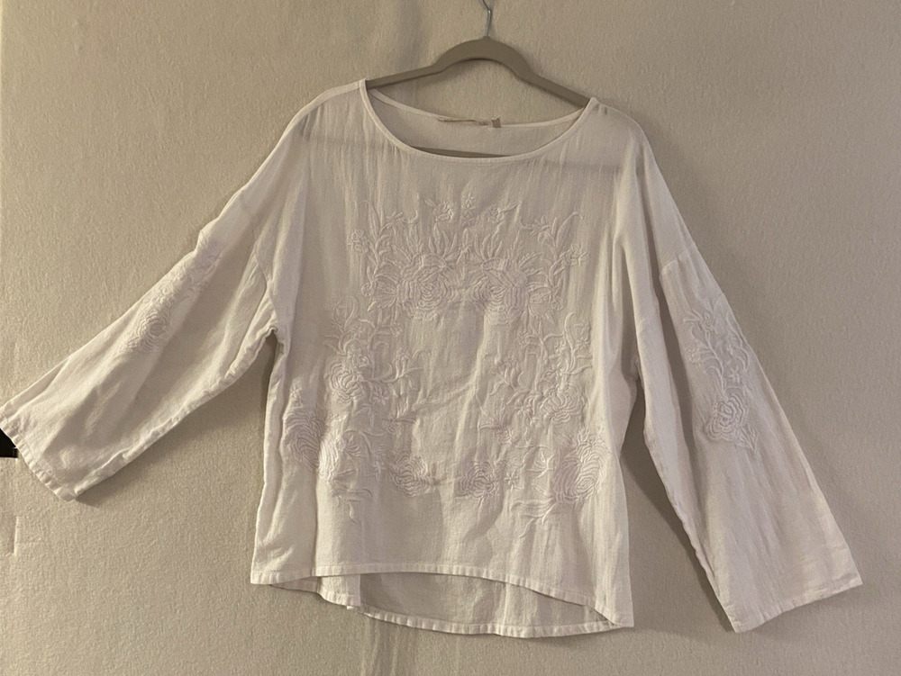 Soft Surroundings Embroidered Long-Sleeve Top Roses White S (6-8) (NWT)